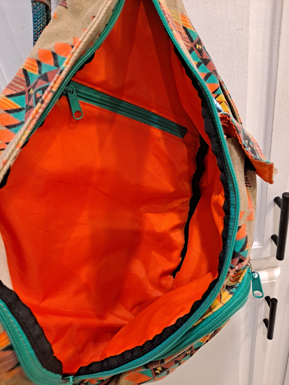 Kavu 'Mojave Dunes' Tan Rope Sling Bag Teal Orange Aztec Accents Canvas Tote - Picture 9 of 12
